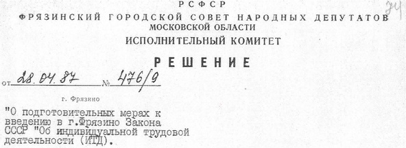 Решение Исполнительного комитета Фрязинского городского Совета народных депутатов от 28 апреля 1987 года